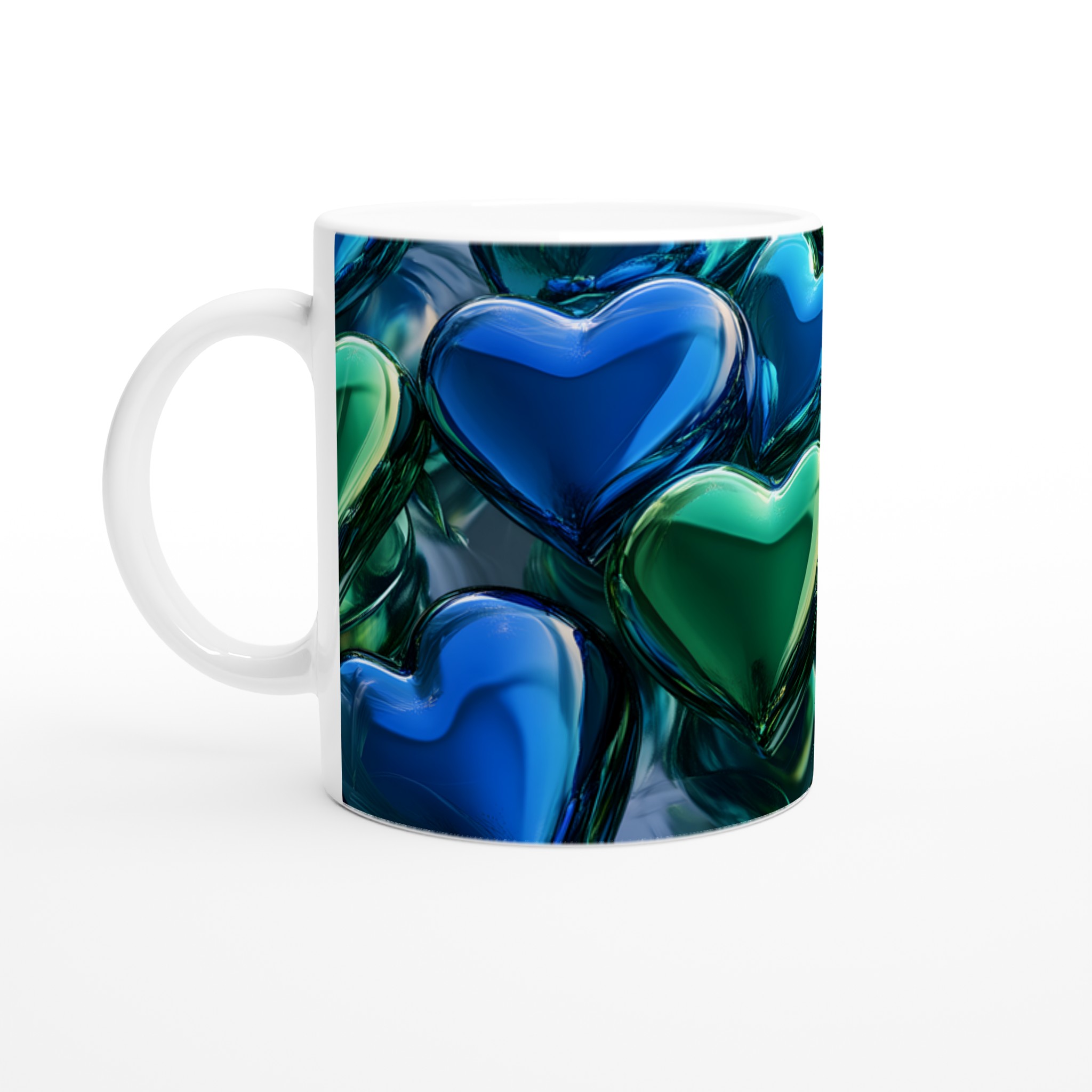 Kärleksfull Muggupplevelse: Vit 11oz Keramisk Mugg med Glänsande Blå och Gröna Hjärtan