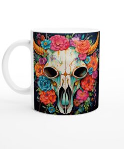 Färgsprakande Kofärger – Keramisk Mugg med Blommor och Skalle – Vardagsfavoriten för alla tillfällen
