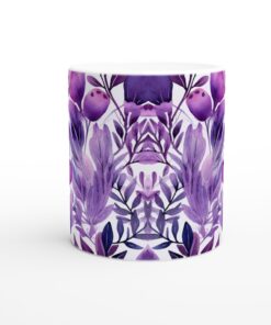 Lila Vattenfärgs Botanisk Mugg – 11 oz Keramisk Kaffekopp med Levande Löv och Bärdesign