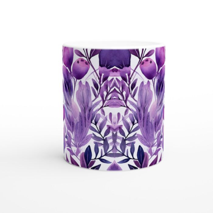 Lila Vattenfärgs Botanisk Mugg – 11 oz Keramisk Kaffekopp med Levande Löv och Bärdesign