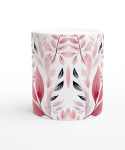 Elegant Akvarell Løv Keramisk Mugg – Vit 11oz – Pastellrosa & Gråblå Bladmönster