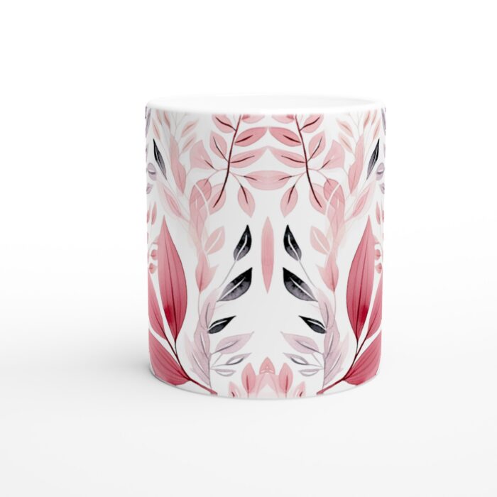 Elegant Akvarell Løv Keramisk Mugg – Vit 11oz – Pastellrosa & Gråblå Bladmönster