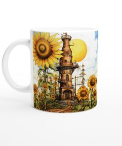 Keramisk Mugg – Drömsk Solroslandskap med Fyrtorn – En Konstnärlig Vardagsfavorit