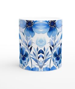 Akvarellblå Blommor Keramisk Mugg - 11oz Vit Mugg med Konstfullt Blommönster