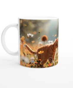 Morgonmagi: Keramisk Mugg med Lekfull Katt och Fjäril i Solnedgång