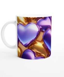 Vit 11oz keramisk mugg med glänsande guld- och lila hjärtan – Perfekt present!
