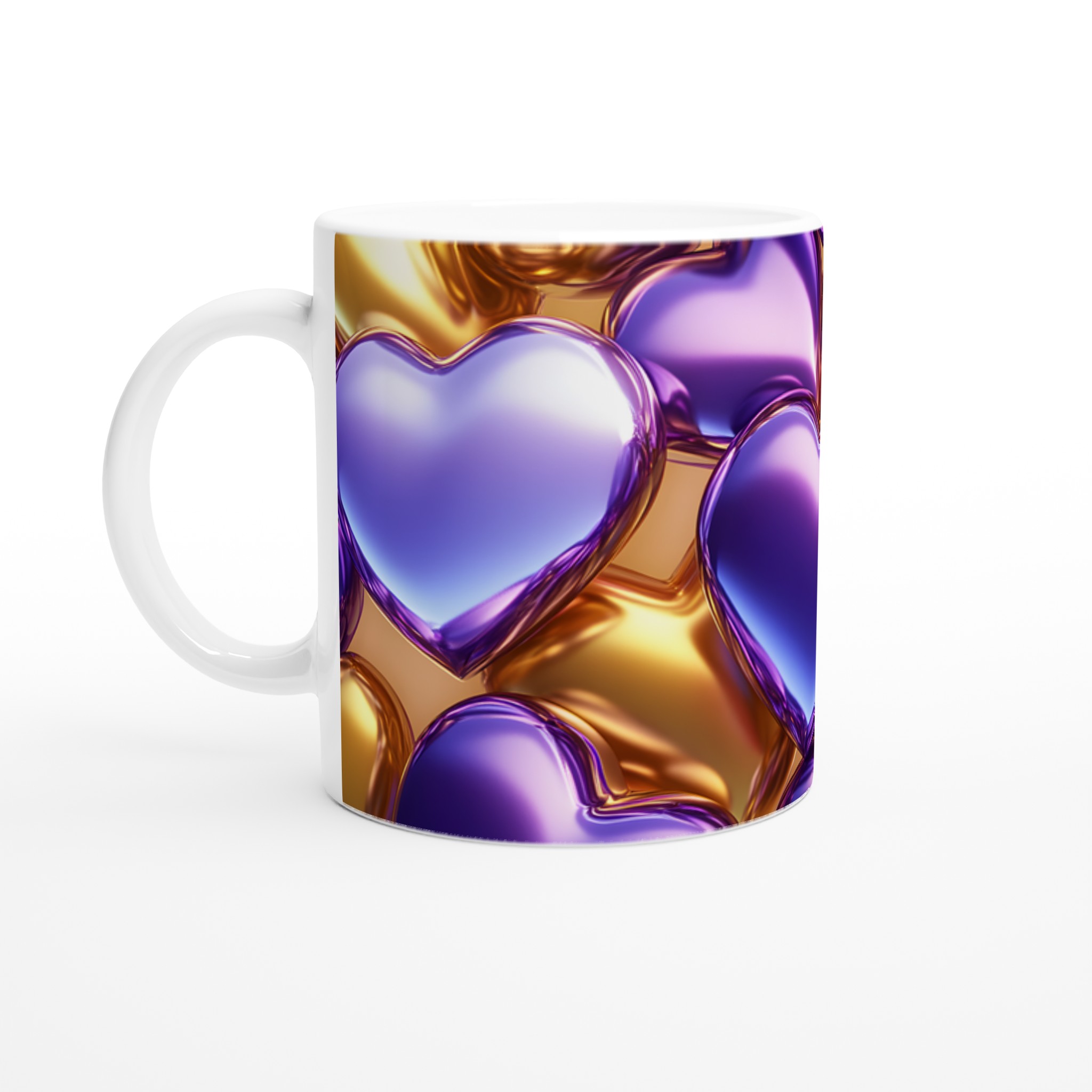 Vit 11oz keramisk mugg med glänsande guld- och lila hjärtan – Perfekt present!