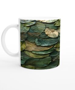 Vit 11oz keramikmugg med stilrent lövtryck – diskmaskinssäker