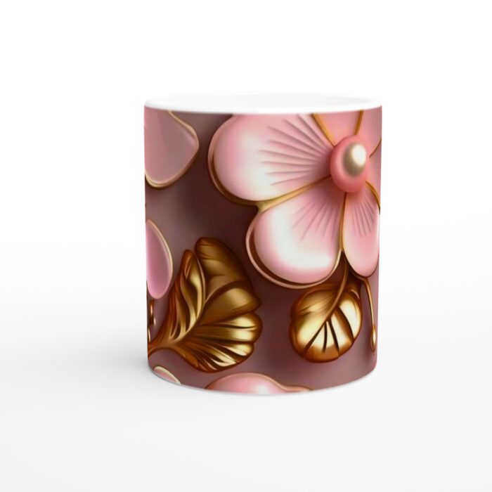 Lyxig Rosa Ros och Guld Detalj Keramikmugg - 11oz Vit Elegant Kaffemugg