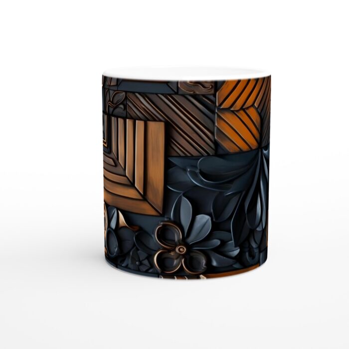 Abstrakt Guld- och Kolsvart Keramisk Mugg – 11 oz Vit Mugg med Sofistikerad Design