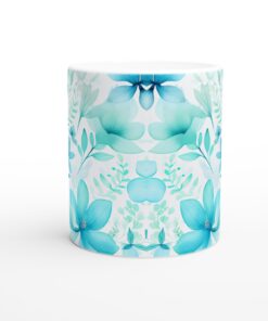 Akvarellblommig 11 oz keramisk mugg – Turkosa drömmar för ditt kaffe