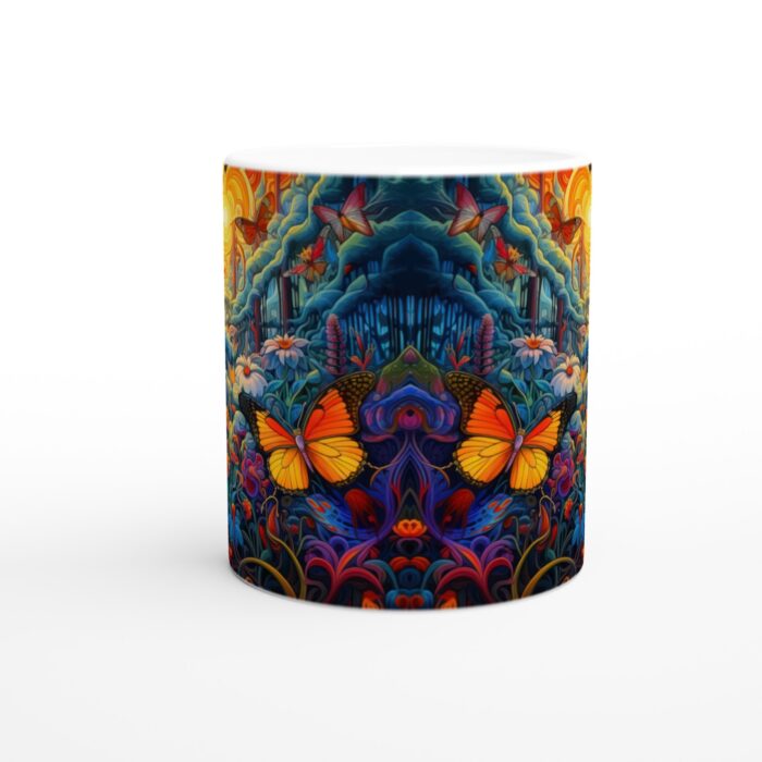 Fjärilsdröm – Färgsprakande 11oz Keramisk Mugg med Fantasifull Djungeldesign