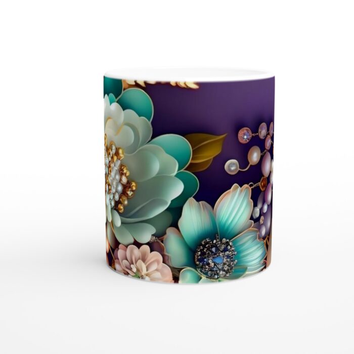 Elegant Akvamarin Blomstermugg – Vit Keramisk Kaffekopp med Exklusivt Juvelmönster, 11oz