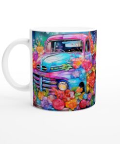 Färgsprakande Blomsterbil – Keramisk Mugg med Konstnärlig Design