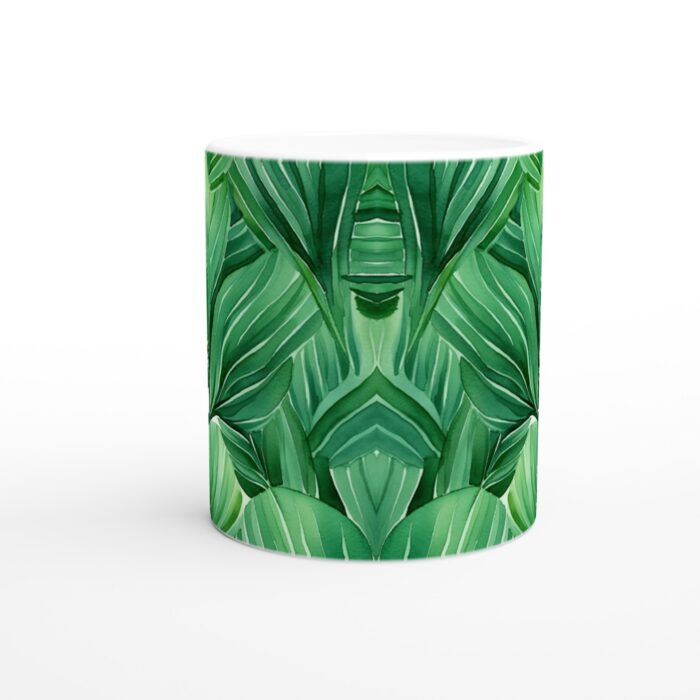 Grön Tropisk Lövmugg - Vit 11oz Keramisk Kaffekopp med Akvarellmönster
